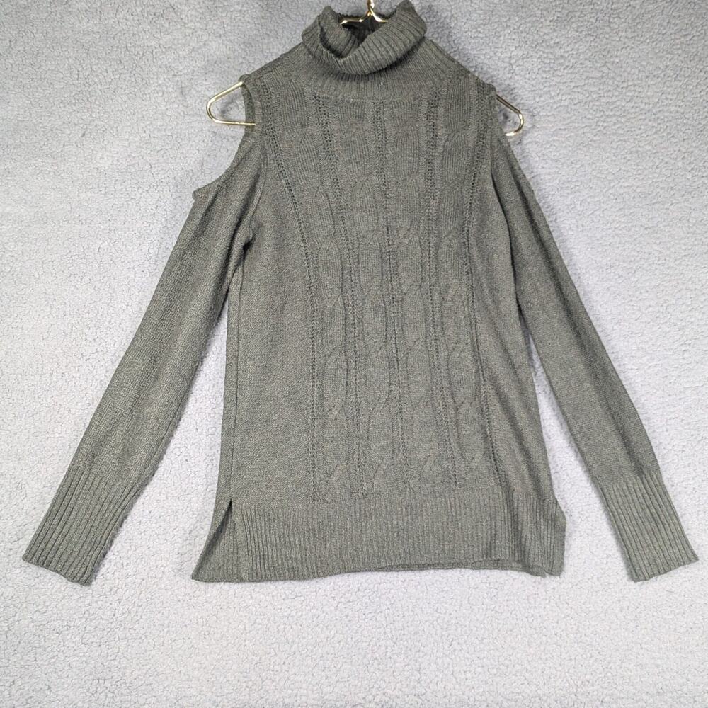 Pink Rose Sweater Womens Size Small Green Cold Shoulder Cable Knit Sweater